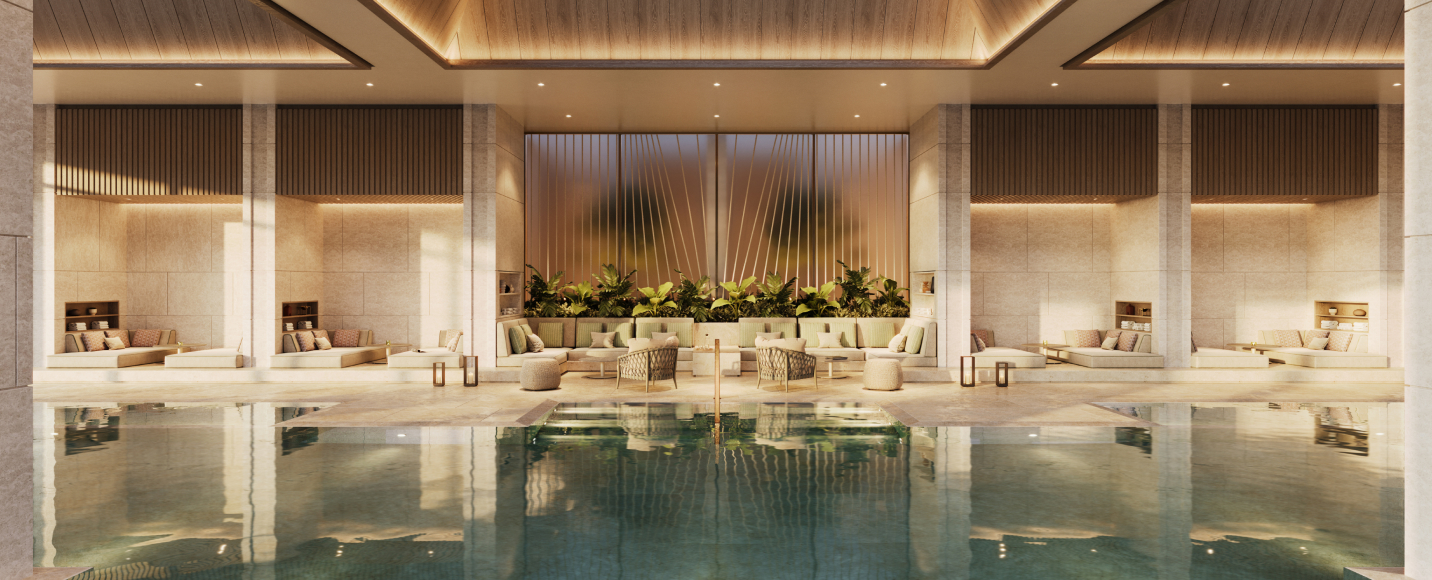 무와 제이드(MUWA JADE) Wellness Club 내부, 길이 21m의 수영장, 피트니스와 프라이빗 골프 스튜디오가 마련된 세컨드하우스 부대시설